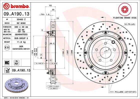 BREMBO brzdový kotúč 09.A190.13, sada 2 ks