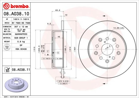 BREMBO brzdový kotúč 08.A038.11, súprava 2 ks