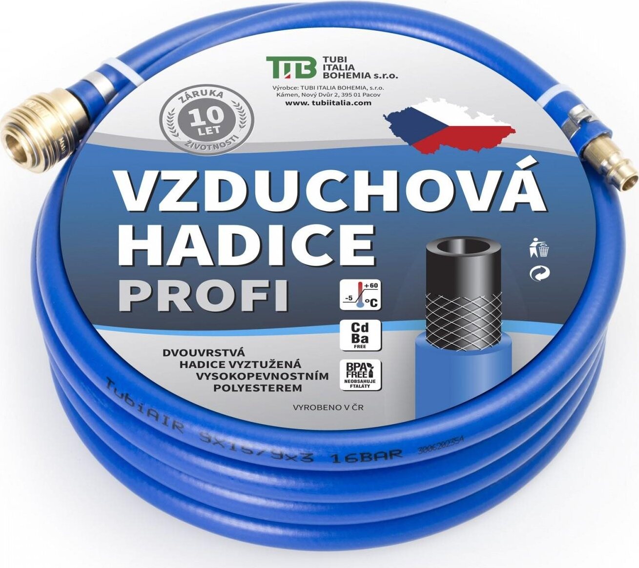 TUBI Vzduchová hadica modrá s koncovkami 13 × 19 mm, 5 m