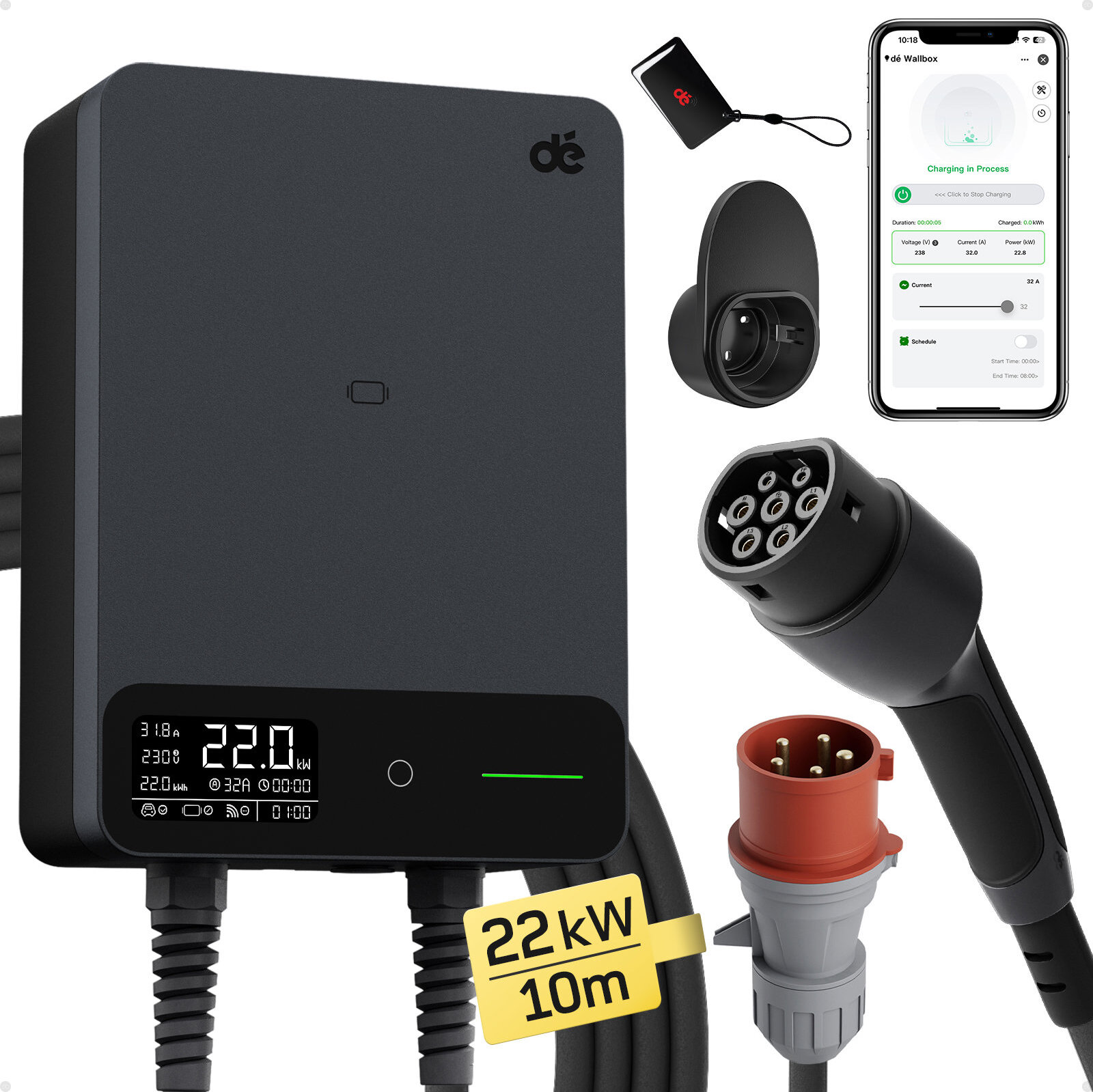 dé Wallbox s 10 m káblom, 22 kW, verzia s aplikáciou