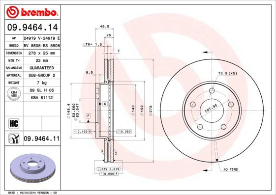 BREMBO brzdový kotúč 09.9464.11, súprava 2 ks
