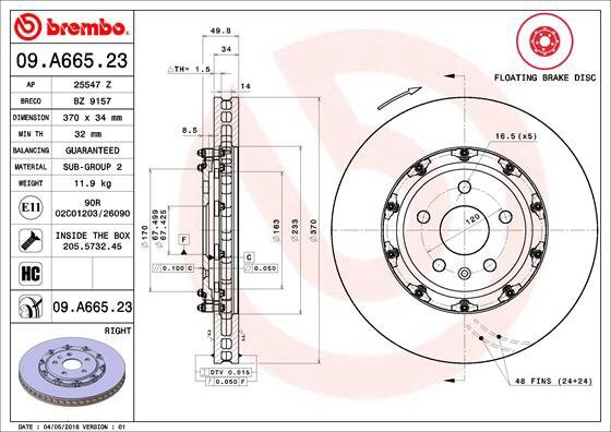 BREMBO brzdový kotúč 09.A665.23, súprava 2 ks