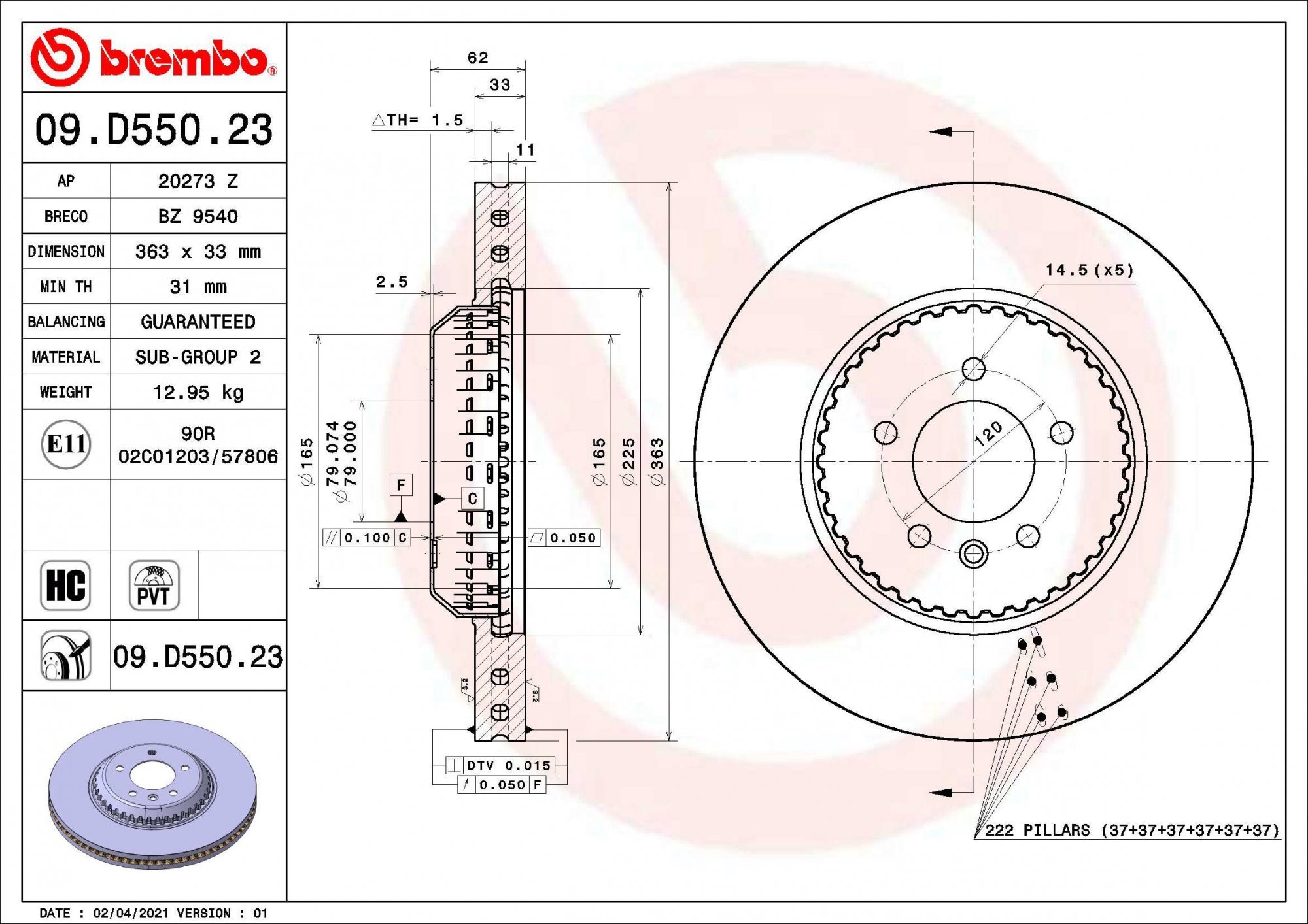 BREMBO brzdový kotúč 09.D550.23, súprava 2 ks