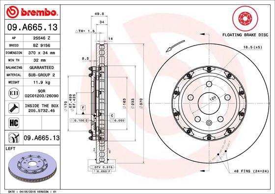BREMBO brzdový kotúč 09.A665.13, súprava 2 ks