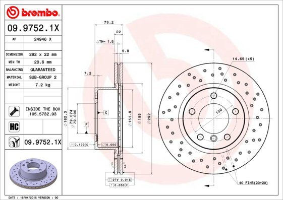 BREMBO brzdový kotúč 09.9752.1X, súprava 2 ks