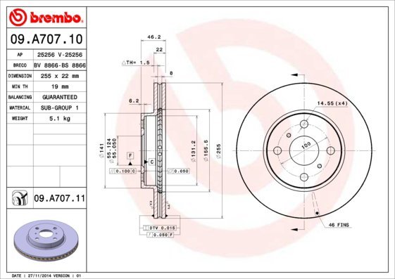 BREMBO brzdový kotúč 09.A707.11, súprava 2 ks