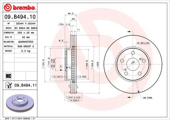 BREMBO brzdový kotúč 09.B494.11, súprava 2 ks
