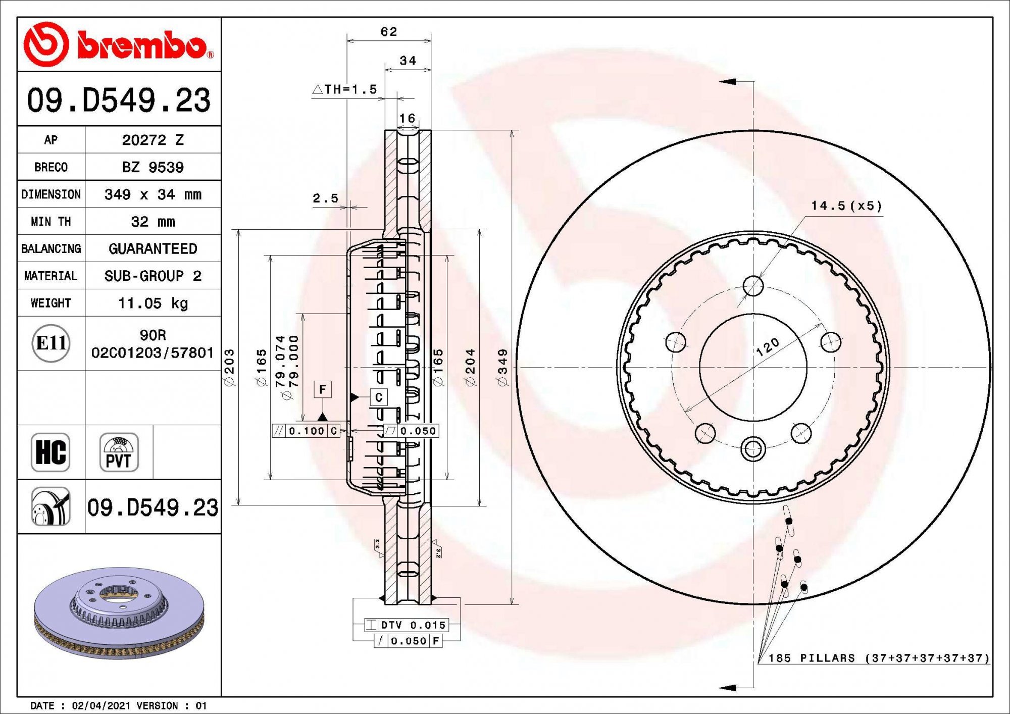 BREMBO brzdový kotúč 09.D549.23, súprava 2 ks