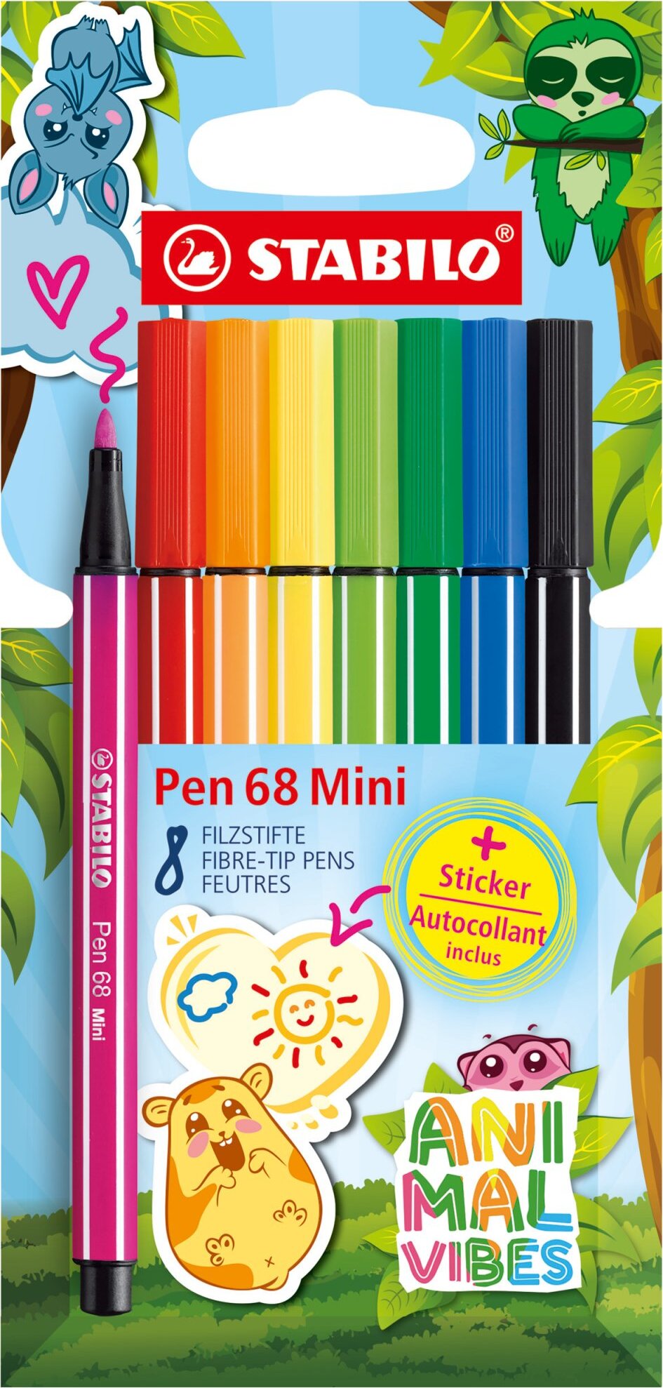 Prémiový vláknový fix - STABILO Pen 68 Mini Animal Vibes - 8 ks sada - včetně samolepky