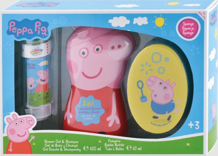 PEPPA PIG - dárková sada Sprchový gel a šampón 2v1 400ml + mycí houba + bublifuk