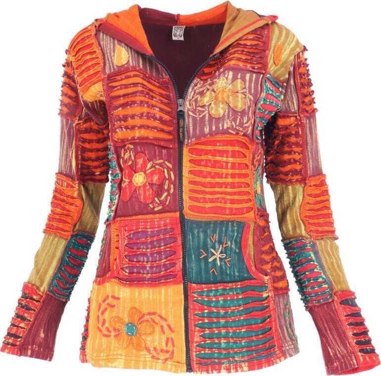 Guru-Shop Boho Unikat Patchwork Hippie Jacke mit Zipfelkapuze Dámská mikina s kapucí na zip vícebarevný