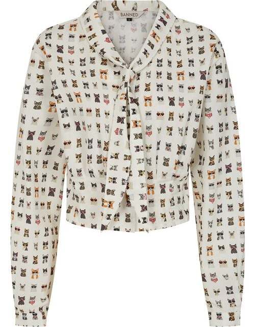 Banned Retro CHERRY COOL CAT BLOUSE Halenka vícebarevný