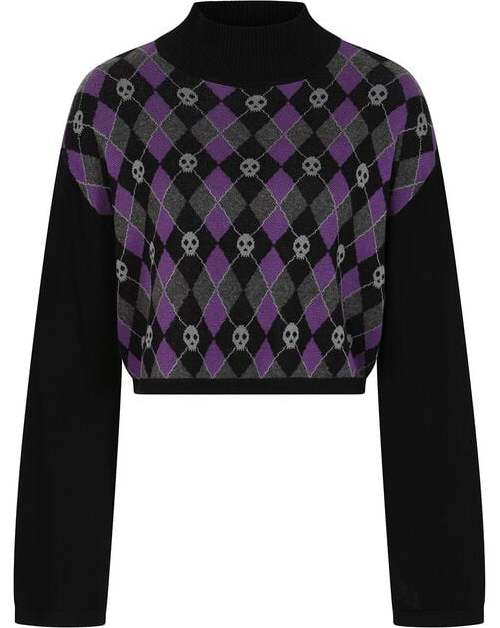 Banned Alternative Cropped svetr Skull Argyle Dámská mikina cerná/šeríková