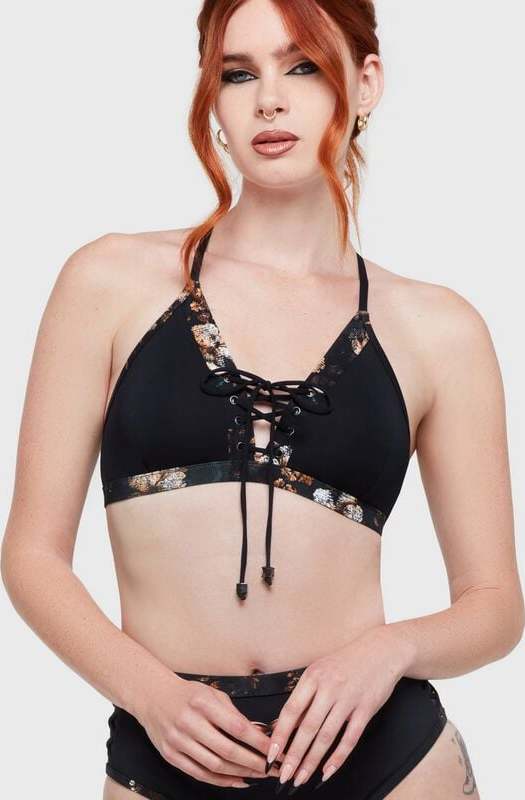 Killstar Bikinová podprsenka Twilight Boho Summer - Cinder Root Horní díl plavek cerná/bílá