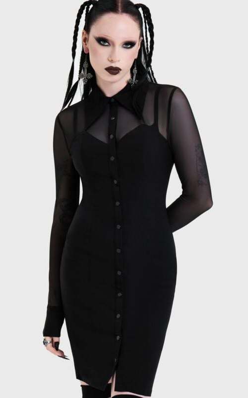 KIHILIST by KILLSTAR SHADOW BODYCON BUTTON UP MIDI DRESS Šaty černá