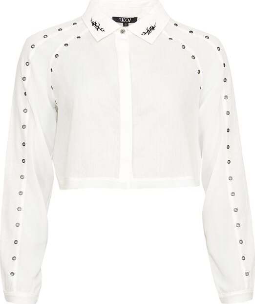 KOI Wisp Cropped Long-Sleeve Shirt - White Dámské tričko s dlouhými rukávy bílá