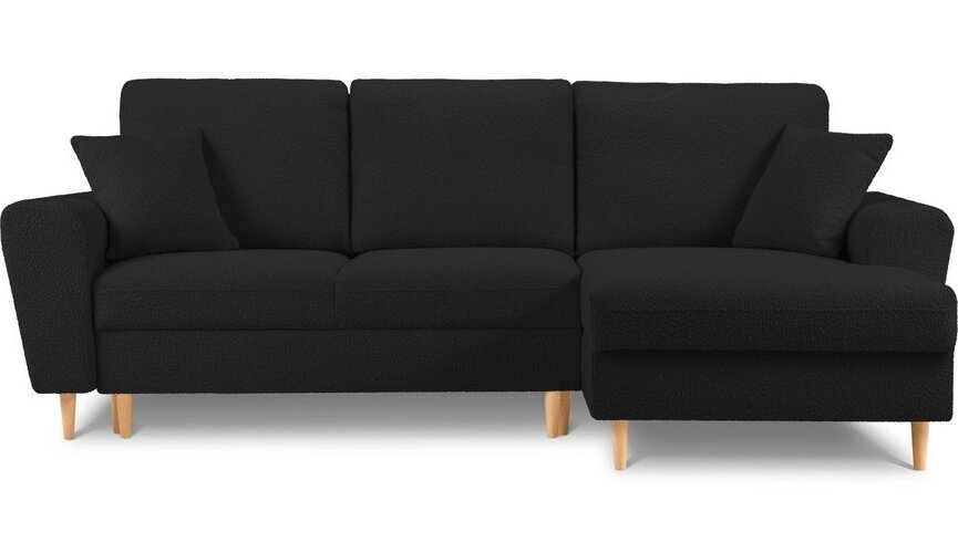 Černá rozkládací/s úložným prostorem rohová pohovka z textilie bouclé (pravý roh/s lenoškou) Kyoto – Cosmopolitan Design