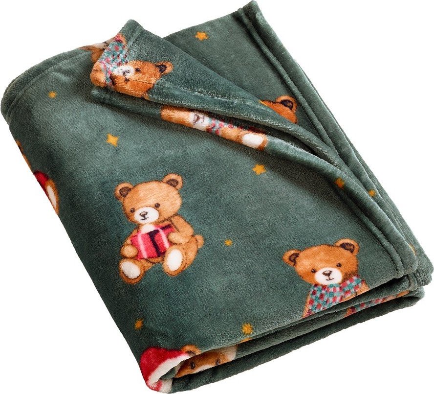 Tmavě zelená deka s vánočním motivem 170x130 cm Christmas Tartan Teddy Bear – Catherine Lansfield