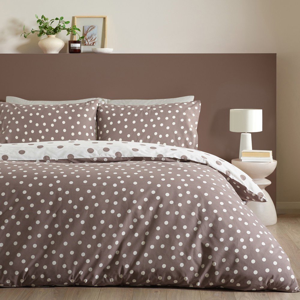 Bílé/tmavě hnědé povlečení na dvoulůžko 200x200 cm Polka Dot – Catherine Lansfield