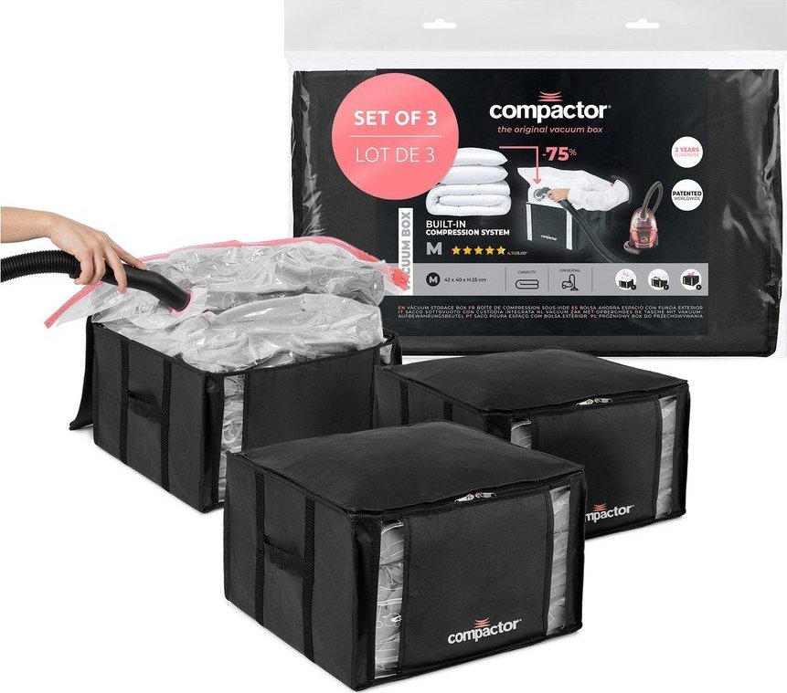 Černé vakuové plastové úložné boxy v sadě 3 ks 42x40x25 cm Black Edition – Compactor