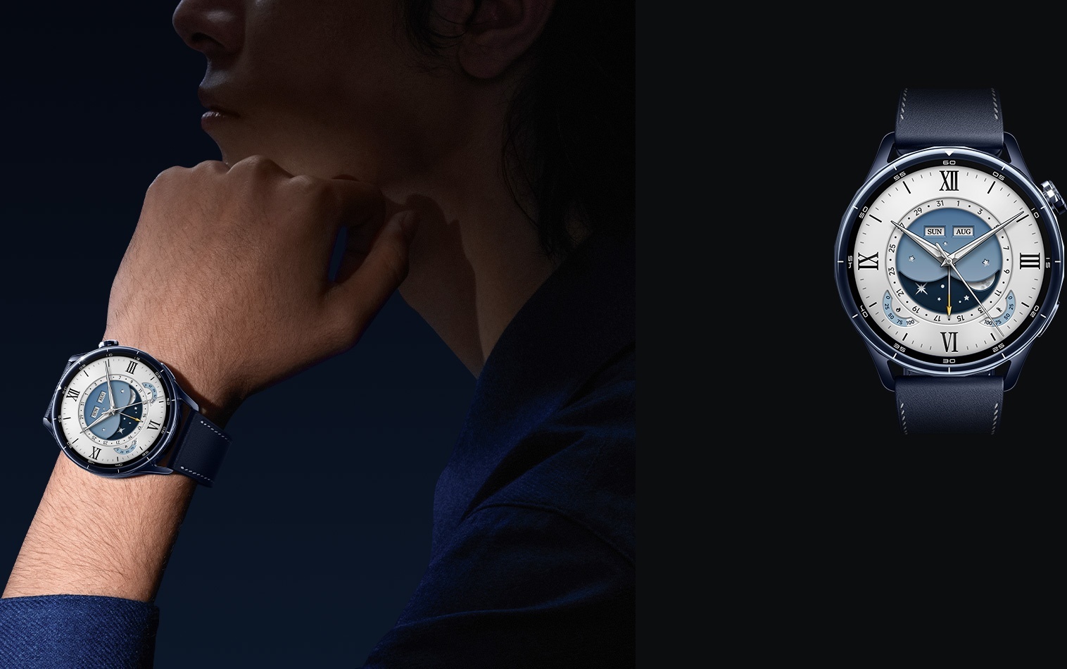 Xiaomi Watch S5 Ceramic Blue na zápästí s koženým remienkom